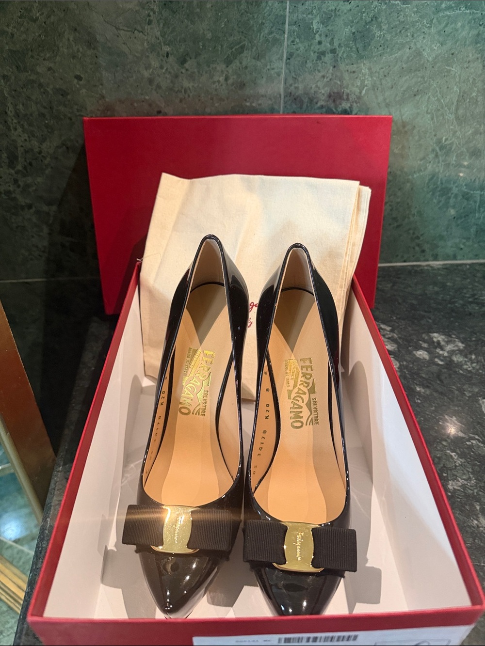 Salvatore Ferragamo Black Patent Leather Pointed-Toe Vara Pumps
